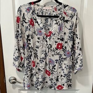 Rose & Thyme Floral V-Neck Blouse - White and Red
